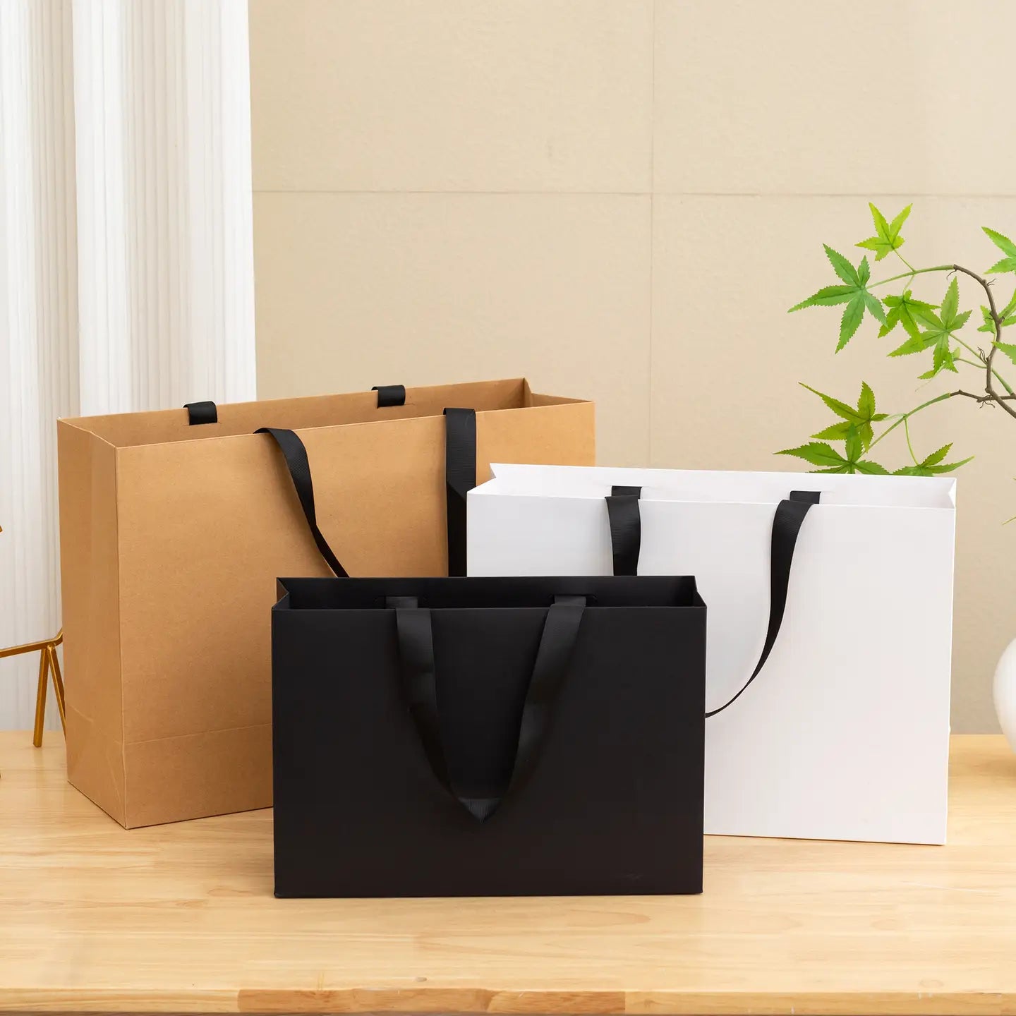 10pcs, premium Threaded Rope All Black Gift Bag - ByHome