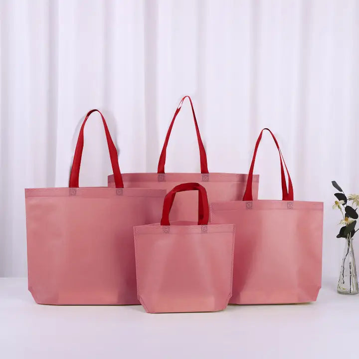 50pcs, 4 sizes Pink non-woven gift bag with rose red handle - ByHome
