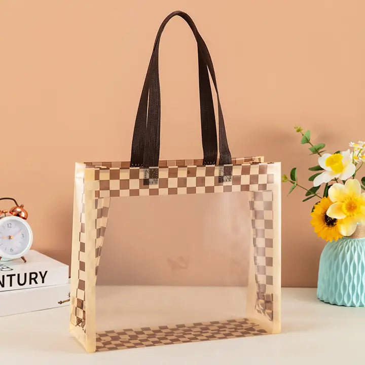 50pc, 2 size Brown Beige checkered transparent window PVC gift bag - ByHome