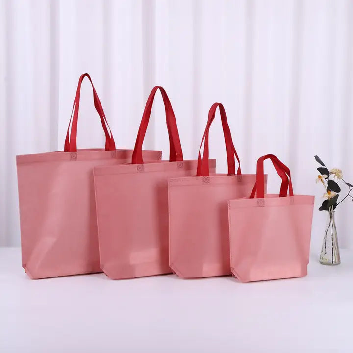 50pcs, 4 sizes Pink non-woven gift bag with rose red handle - ByHome