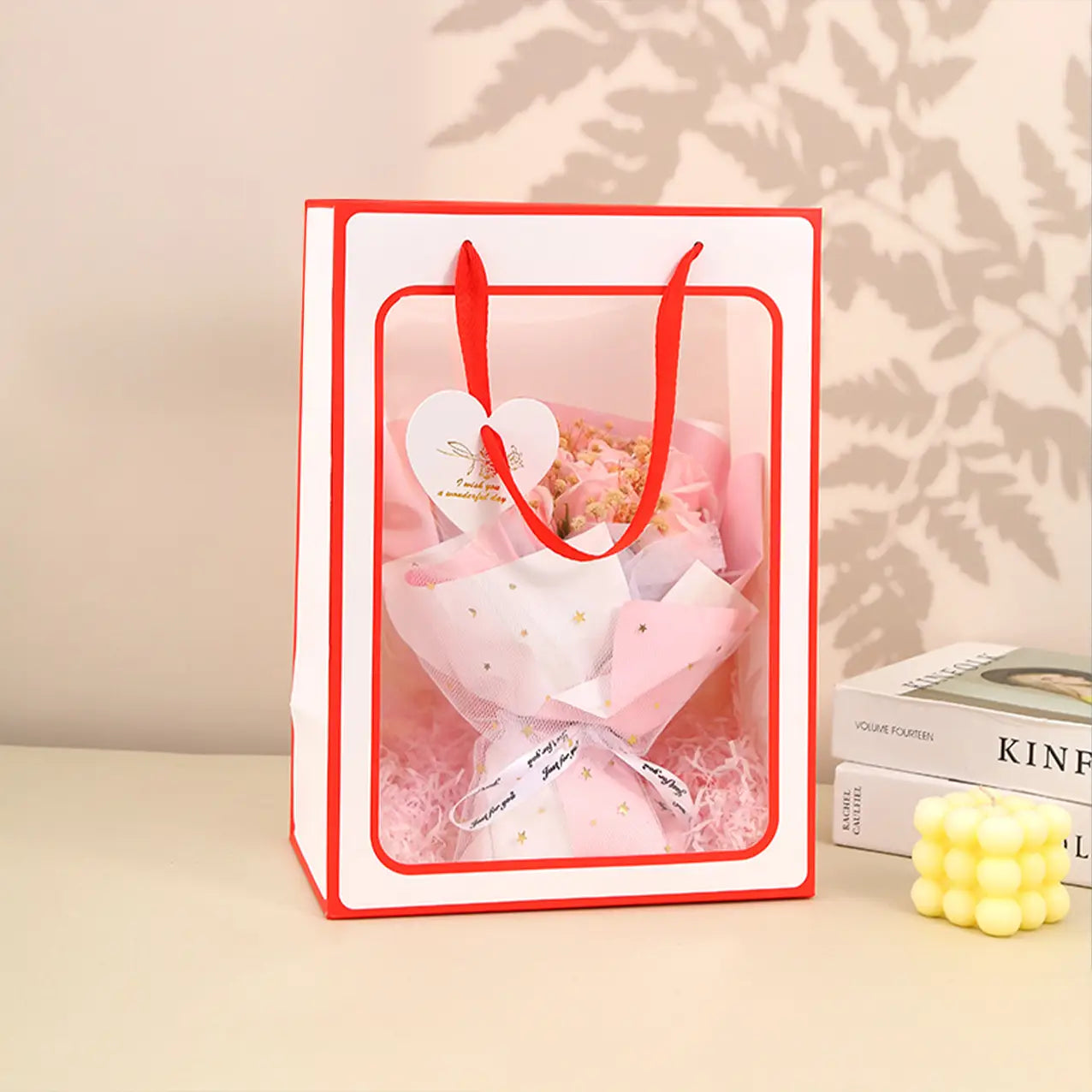 10pc, 3 size Transparent Window White Red border gift bag - ByHome