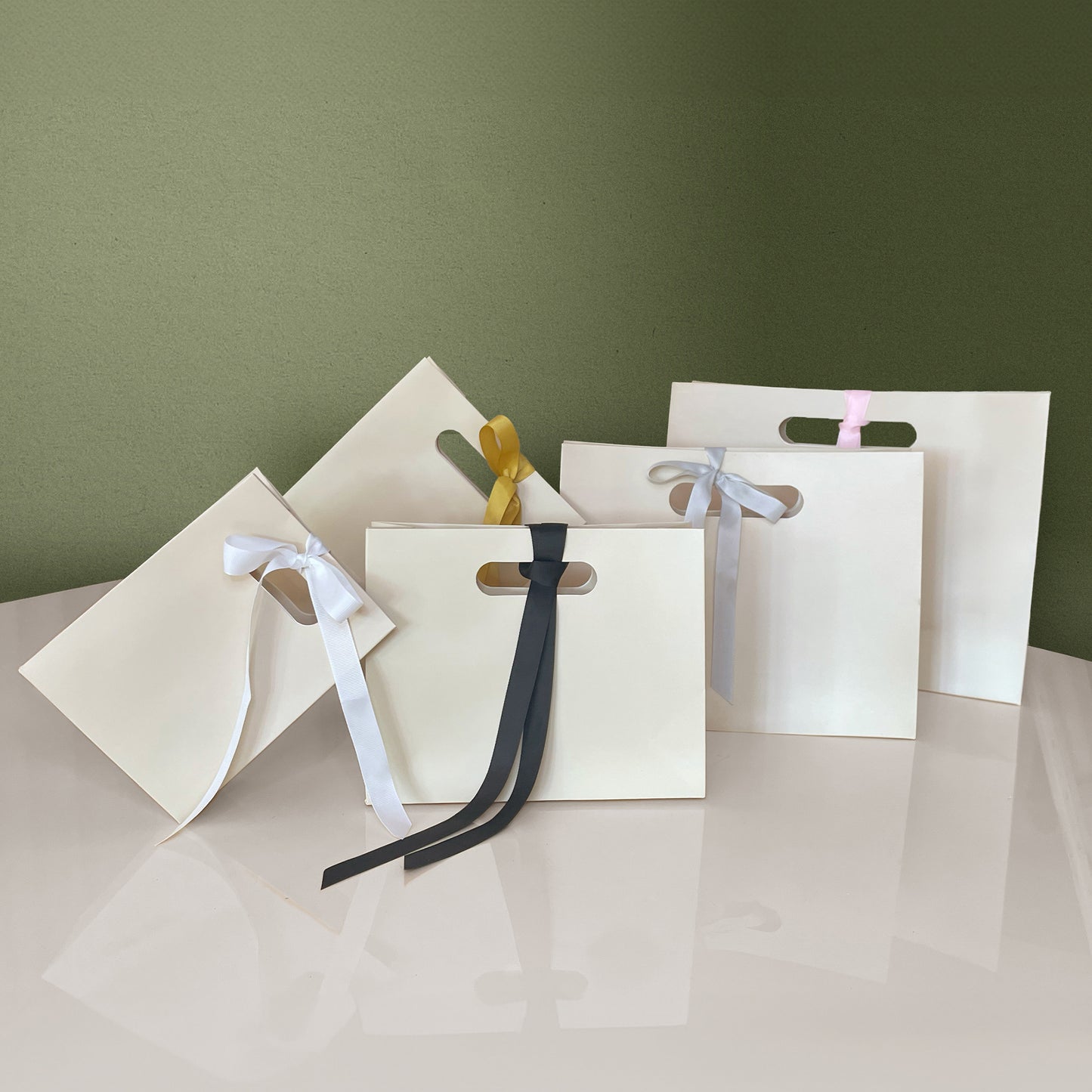 10pc, Cream Beige die-cut handle paper gift bag w/ free ribbon & tissue - ByHome