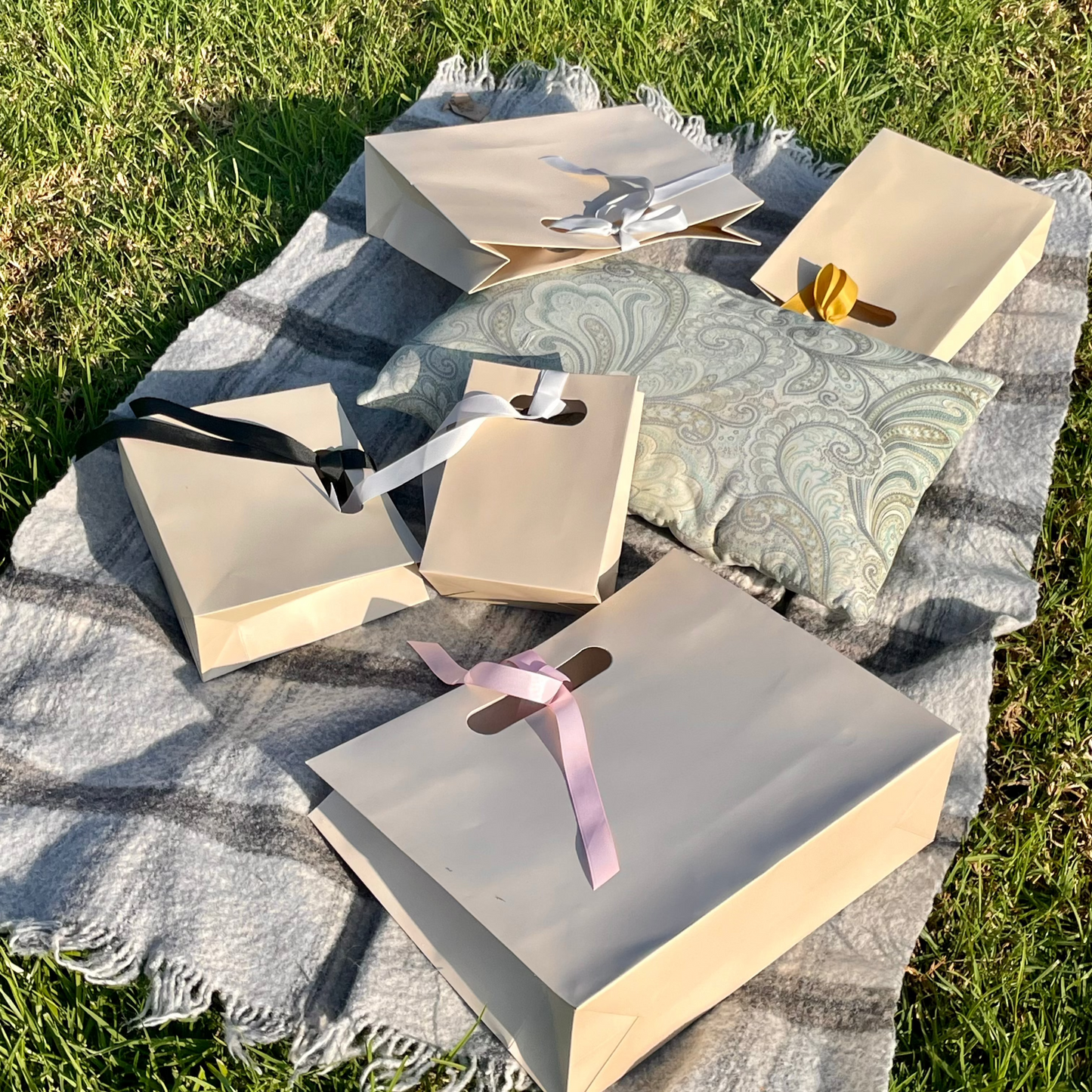 10pc, Cream Beige die-cut handle paper gift bag w/ free ribbon & tissue - ByHome