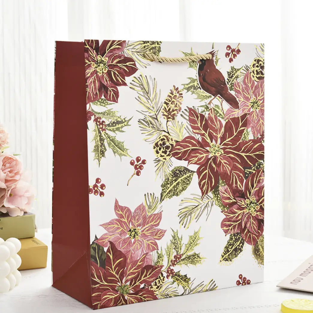 12pcs, Christmas Flower Bird tag gold gift bag - ByHome