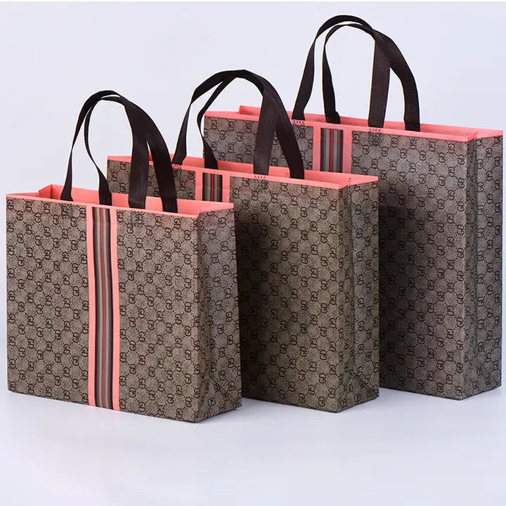 50pcs, 4 sizes luxury grid pink stripes non-woven gift bag - ByHome
