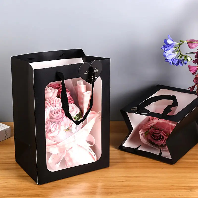 10pc, 3 sizes Transparent Side Window All Black gift bag - ByHome