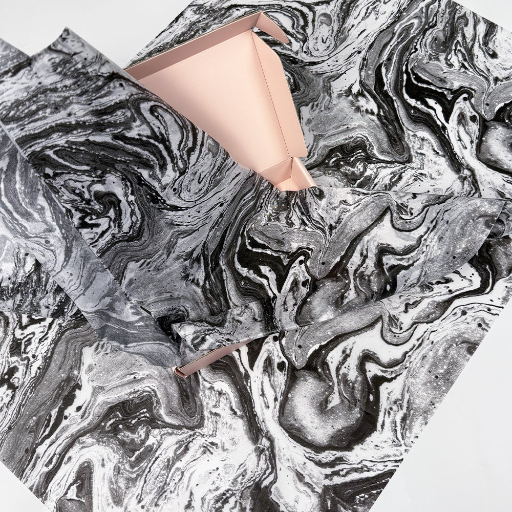 100 Bulk, 28" x 20" Black Marble Swirl 17g White Wrapping Tissue Paper Sheets