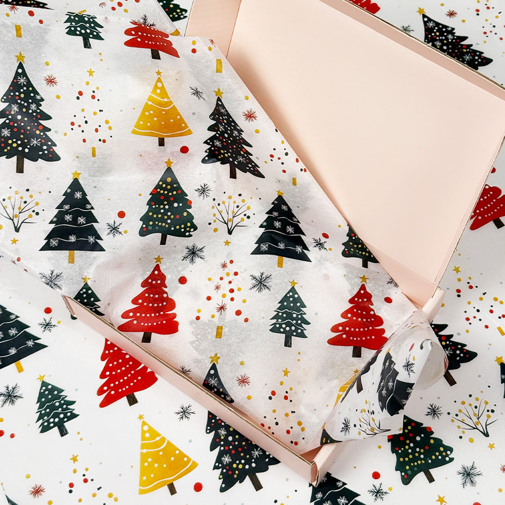 100 Bulk, 28" x 20" Christmas Trees 17g White Wrapping Tissue Paper Sheets