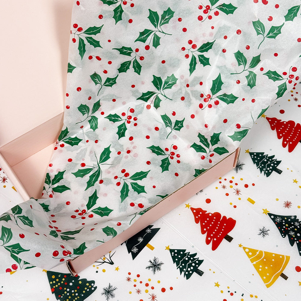 100 Bulk, 28" x 20" Christmas Trees 17g White Wrapping Tissue Paper Sheets