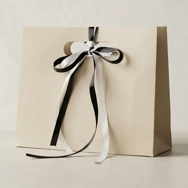 10pc, Cream Beige die-cut handle paper gift bag w/ ribbon & tissue - ByHome