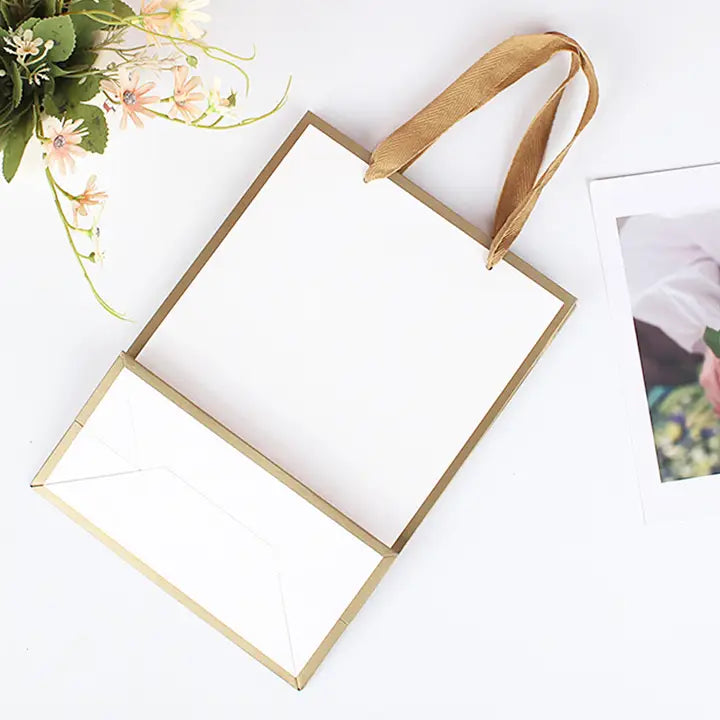 20pcs, 9 sizes White with Gold border premium paper gift bag - ByHome