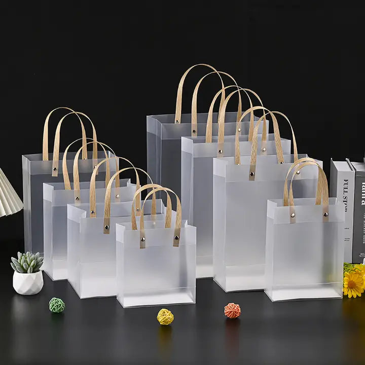 12pcs, transparent frosted PVC paper gold rope gift bag - ByHome