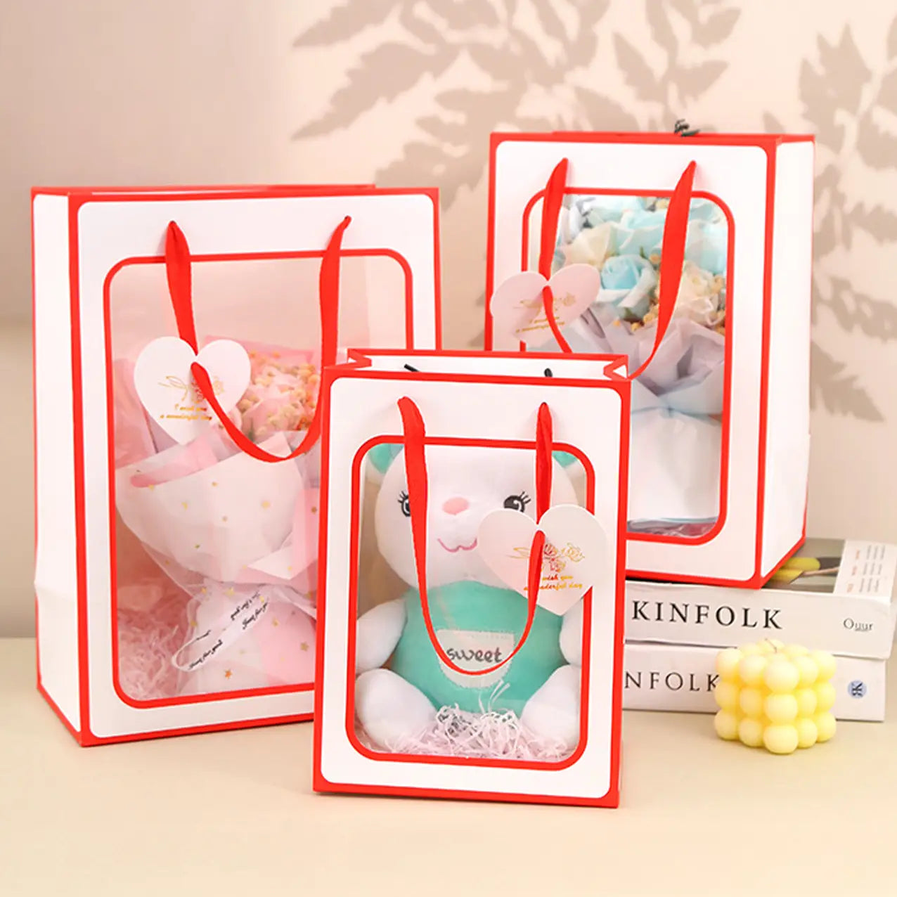 10pc, 3 size Transparent Window White Red border gift bag - ByHome
