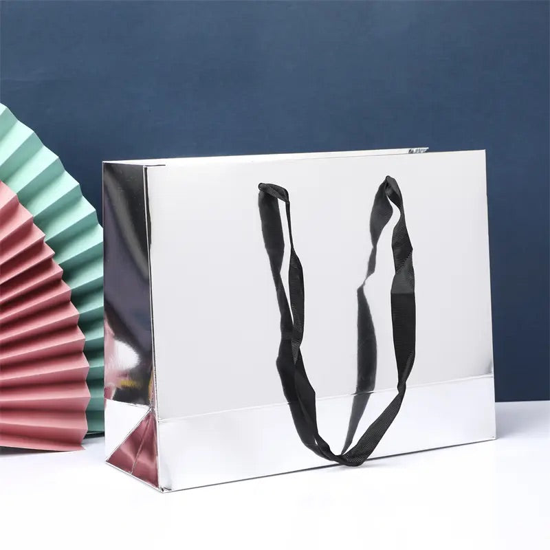 10pcs, Reflective Mirror Metallic silver paper gift bag w/ tissue - ByHome