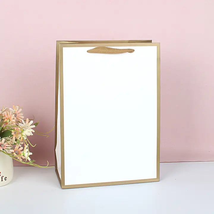 20pcs, 9 sizes White with Gold border premium paper gift bag - ByHome