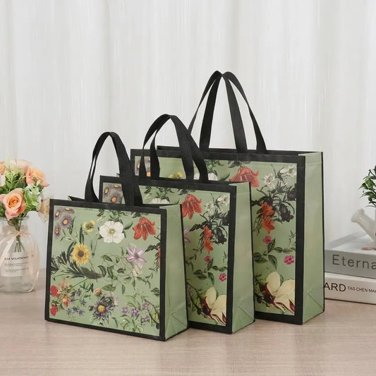 50pc, Green Flower Botanical Black Border Non-Woven Gift Bag
