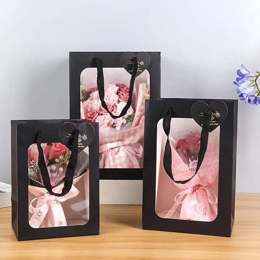 10pc, 3 sizes Transparent Side Window All Black gift bag - ByHome