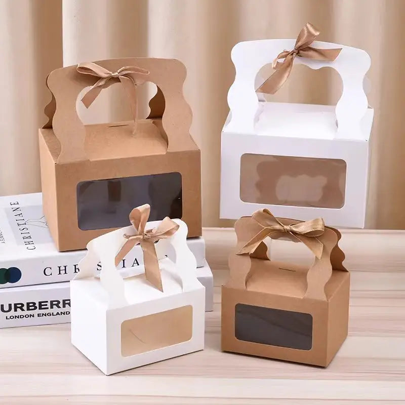 25pcs, 2 sizes kraft white window wavy handle gift box ribbon - ByHome