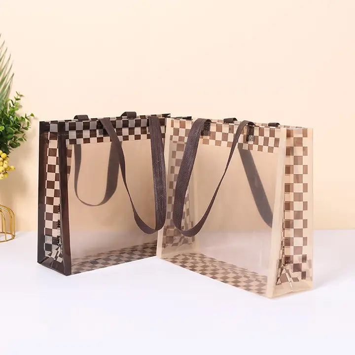 50pc, 2 size Brown Beige checkered transparent window PVC gift bag - ByHome