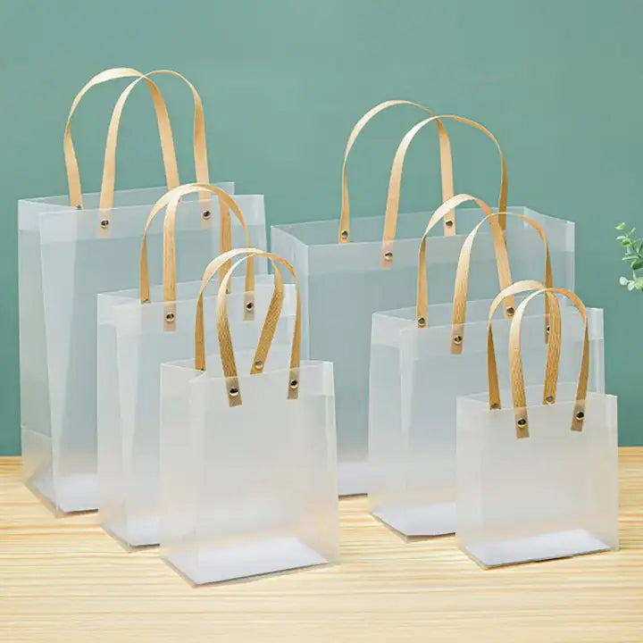 12pcs, transparent frosted PVC paper gold rope gift bag - ByHome