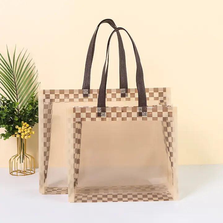 50pc, 2 size Brown Beige checkered transparent window PVC gift bag - ByHome