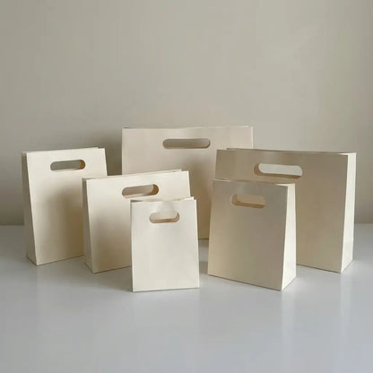 10pc, Cream Beige die-cut handle paper gift bag w/ ribbon & tissue - ByHome