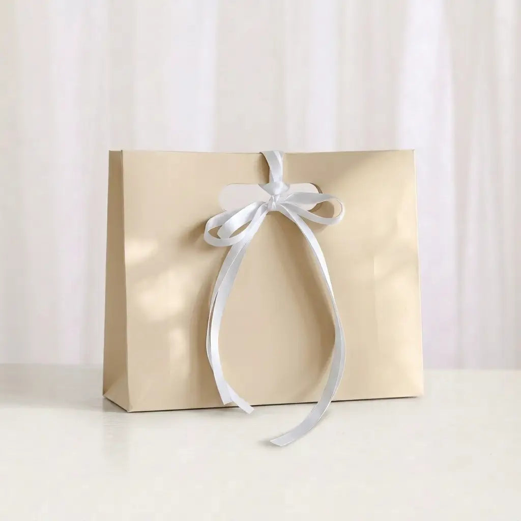 10pc, Cream Beige die-cut handle paper gift bag w/ ribbon & tissue - ByHome