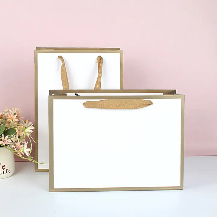 20pcs, 9 sizes White with Gold border premium paper gift bag - ByHome