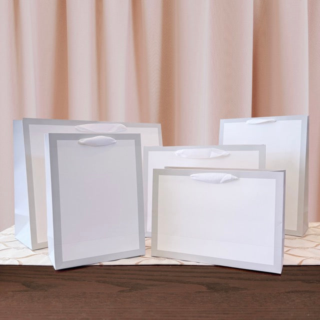 12pcs, Soft Gray Border Gusset White Paper Gift Bag - ByHome