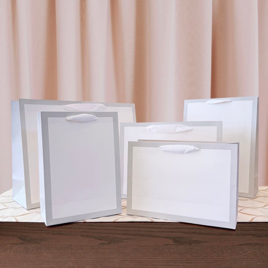 12pcs, Soft Gray Border Gusset White Paper Gift Bag - ByHome