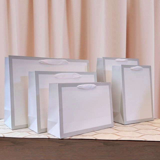 12pcs, Soft Gray Border Gusset White Paper Gift Bag - ByHome