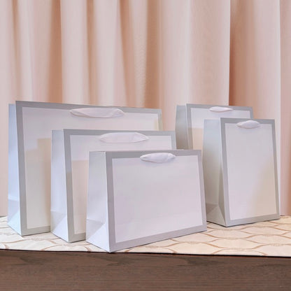 12pcs, Soft Gray Border Gusset White Paper Gift Bag - ByHome