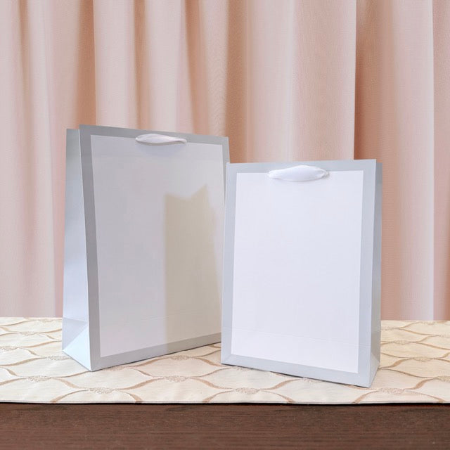 12pcs, Soft Gray Border Gusset White Paper Gift Bag - ByHome
