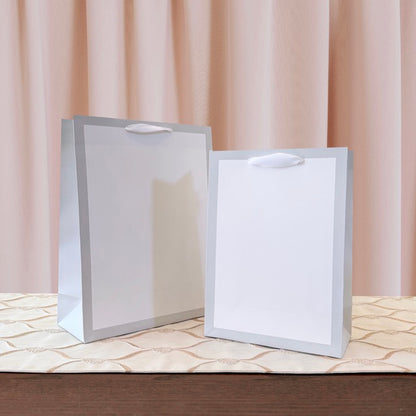 12pcs, Soft Gray Border Gusset White Paper Gift Bag - ByHome