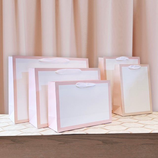 12pcs, Pastel Pink Border Gusset White Paper Gift Bag - ByHome